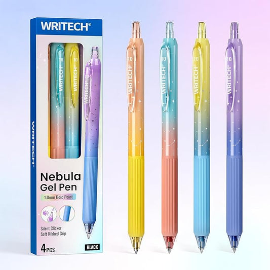 WRITECH Gel Pens Bold Point: 1.0mm Black Ink Retractable 4ct Smooth Writing with Aesthetic Gradient Color Barrel for Journaling Note Taking Silent Click No Smear Nebula Pen Set