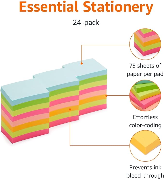 Amazon Basics Mini Rectangular Sticky Notes, 1.5x2 Inches, Bright Colors Self-Stick Pads, Easy to Post for Home, Office, Notebook, 70 sheets/Pad, Pack of 24