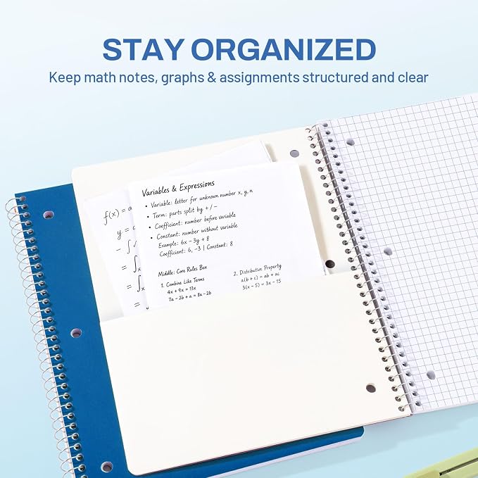 SUNEE Spiral Notebook, 1-Subject, Graph Ruled Paper, 8" x 10-1/2", 100 Sheets per Notebook, 3-Hole Punched Paper, Water Resistant Cover, Spiral Grid Notebooks for Work, Home, School, Dark Blue