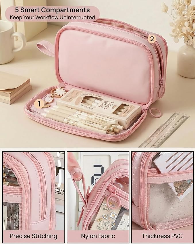41Pcs Aesthetic Pink Office Supplies Set, All-in-One 5 Compartments Desk Organizer Kit with Large Capacity Pen Pouch, A5 Notebook for Women & Journaling (pink)