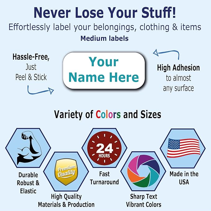 75 Personalized Waterproof Name Labels. Press and Stick Multi use Custom Name Labels. Customized 2 Lines of Text and Color. ID Identification Name Stickers with Permanent Self Adhesive.