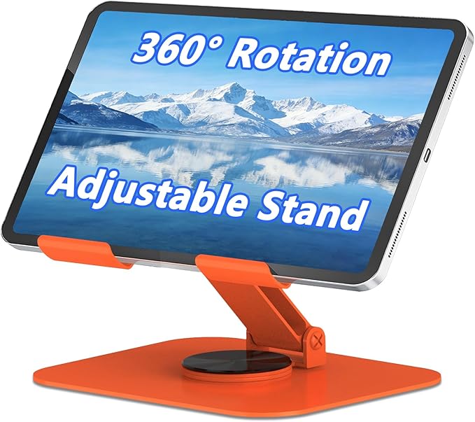 360° Rotation Tablet Stand, Ultra Stability Base Fully Folded Easy to Store and Carry Adjustable iPad Stand Compatible with 4-13" Tablet E-Reader iPad Pro/Air/Mini and More (Orange)