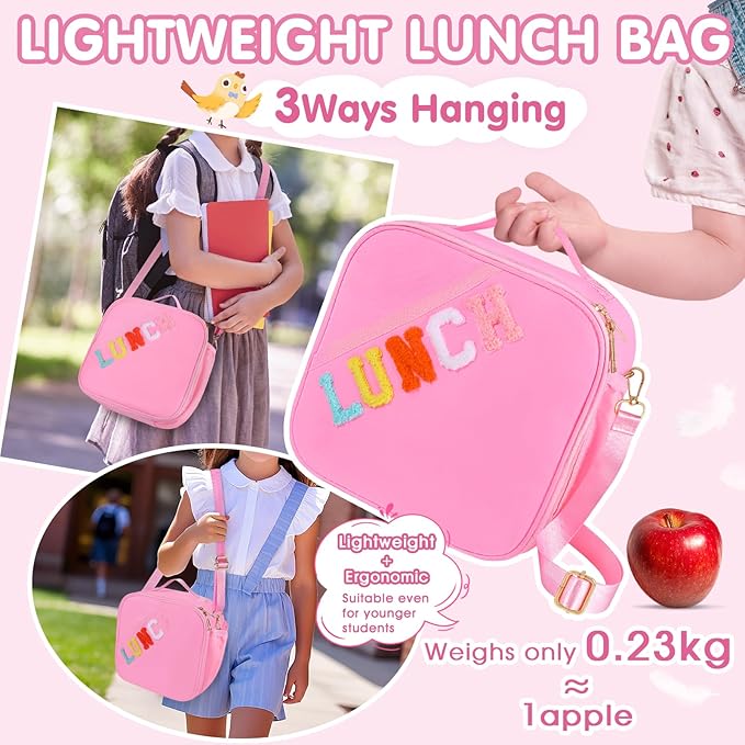 Nsrzua Lunch Bag Kids,Insulated Lunch Bag With Adjustable Shoulder Strap,Reusable Lunch Bag for Kids, Girls,Boys, lunch Bag Women,Preppy Lunch Box for School,Travel, Picnic (pink)