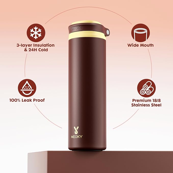 Meoky 24 oz Insulated Stainless Steel Water Bottle: Flip-to-Pop Straw, Leak Proof, 24H Cold, Fits in Car Cup Holder, Carry Loop, BPA-Free, Wide Mouth Water Bottle for Adults Gym Bag, Honey