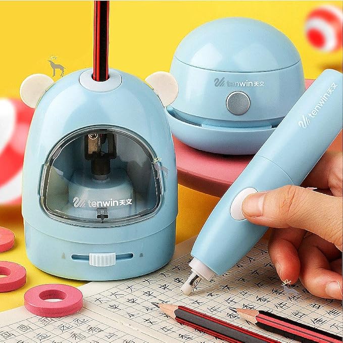Electric Pencil Sharpener Stationery Set Gift Box Desktop Vacuum Cleaner Electric Eraser with Replacement Blade, Eraser, Battery Operated Automatic Sharpener, Blue