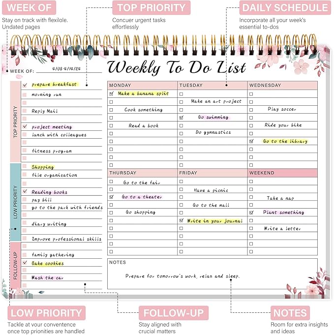 Weekly To Do List Notepad with 52 Undated Sheets（8.5"×11"）- Weekly Desk Planner Pad with Spiral Binding for Women & Man, Office, School and Home Personal Organizer