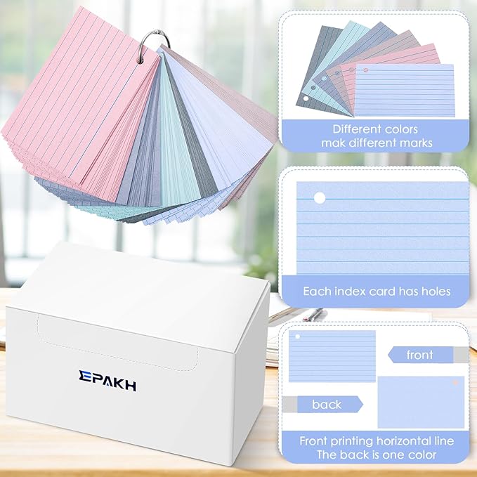 Epakh 300 Pieces Lined Index Cards 180 GSM Thick Flash Cards with Rings Notecards Punched Back to School for Studying Adults Home College Office(3 x 5 Inch,Vintage Color)