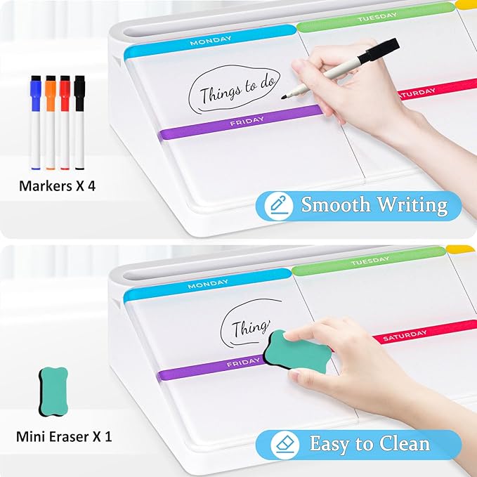 DOLLAR BOSS Glass Desk Whiteboard Calendar Small Dry Erase Board Desktop White Board with Storage Drawer Computer Keyboard Stand Desk Organizer, Colorful Weekly Calendar, White