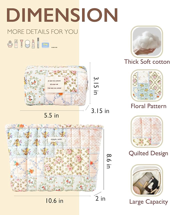 Sminra 2 Pieces Floral Makeup Bag, Cute Travel Quilted Pouch Cosmetic Bag Organizer, Small Cotton Coquette Aesthetic Purse Toiletry Bag for Women Girls accessories (Blue Flower-2PCS)
