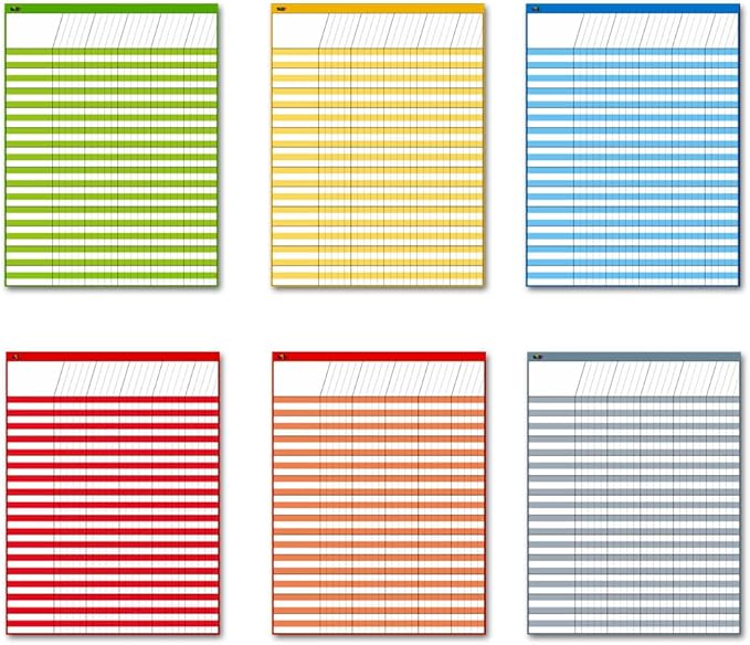 Dry Erase Incentive Chart/Chore/Responsibility/School Attendance/Homework Progress Tracking Chart, 6 Pack in Multi-Color, 36 Rows X 25 Columns (17" x 22.5")