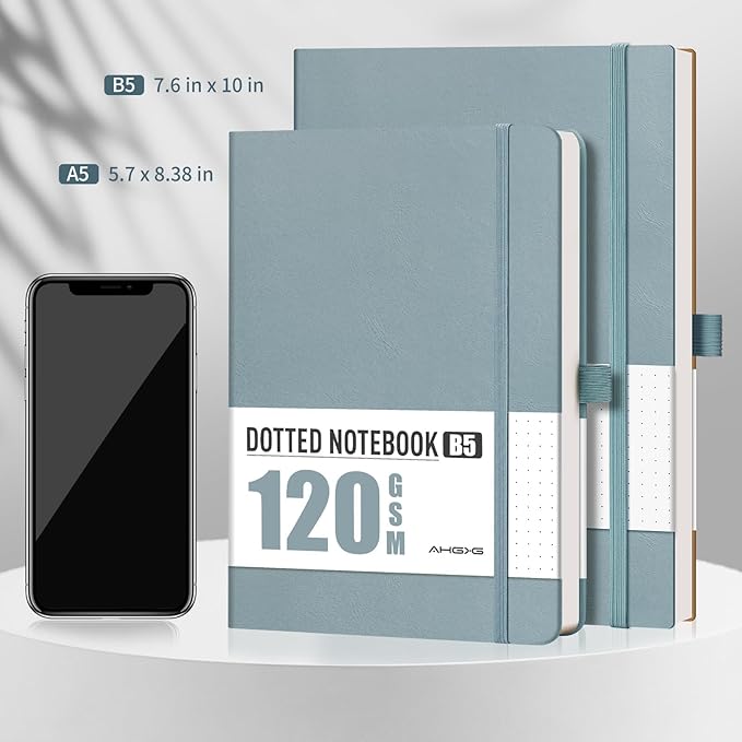 AHGXG Dotted Journal - Dot Grid Notebook Journal, 120 GSM Thick Acid-Free Paper, A5 Dotted Notebook 160 Pages, Leather Hardcover, Inner Pocket, Journal Stencil, 5.7'' × 8.3'', Gray Blue