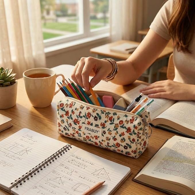 Soft Corduroy Pencil Case Pen Pouch Organizer, Small Stationery Bag | Off-white small floralpencil pouch, smooth zipper, daily cosmetics holder, compact organizer for school teen girls, women