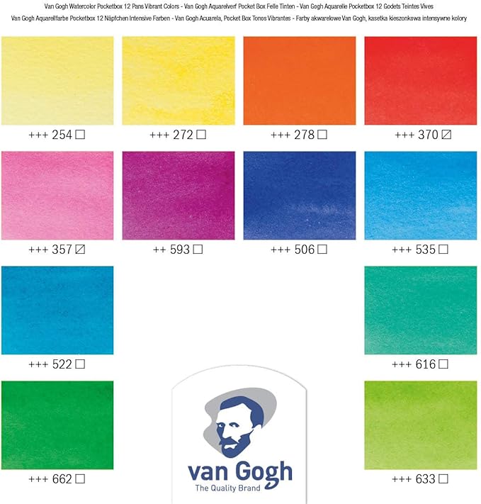 Van Gogh Watercolor Paint Set, Plastic Pocketbox, 12-Half Pan Vibrant Colors Selection