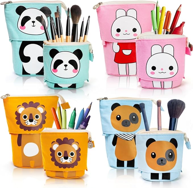 4 Pack Standing Pencil Case, Cute Telescopic Stationary Pouch with Zipper, Kawaii Spacious Pop Up Bag Portable Canvas Makeup Holder for Pens, Cosmetics, Office Supplies