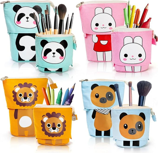 4 Pack Standing Pencil Case, Cute Telescopic Stationary Pouch with Zipper, Kawaii Spacious Pop Up Bag Portable Canvas Makeup Holder for Pens, Cosmetics, Office Supplies