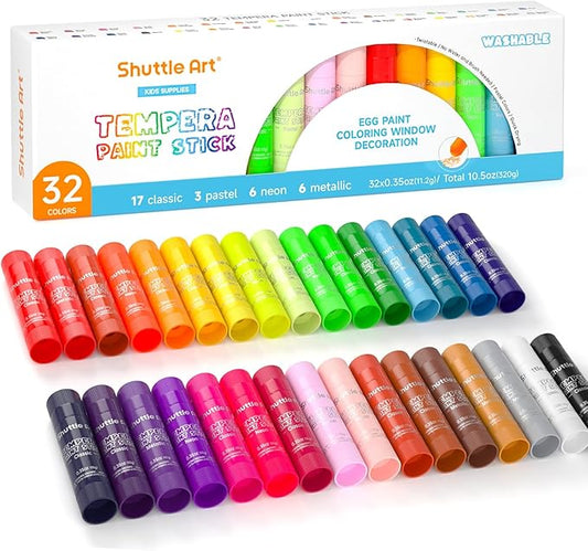 Shuttle Art Tempera Paint Sticks, 32 Colors Solid Tempera Paint for Kids, Super Quick Drying, No-Toxic, Works Great on Paper Wood Glass Ceramic Canvas