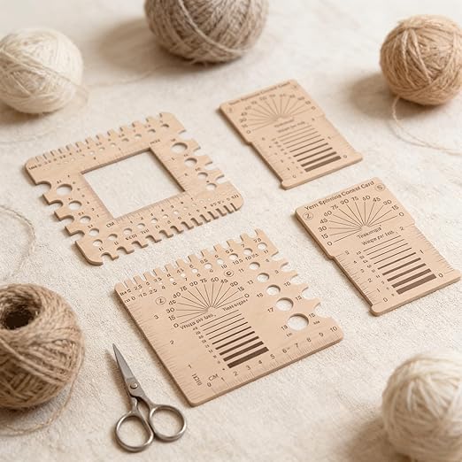 4PCS Wooden Knitting Gauge Tools, Stitch Counter Spinner Yarn Measure Tool, 4 Styles Yarn Winding & Needle Size Measure Rulers, Measuring Tool for Crochet & Weaving, Multi-Size Holes for Needles