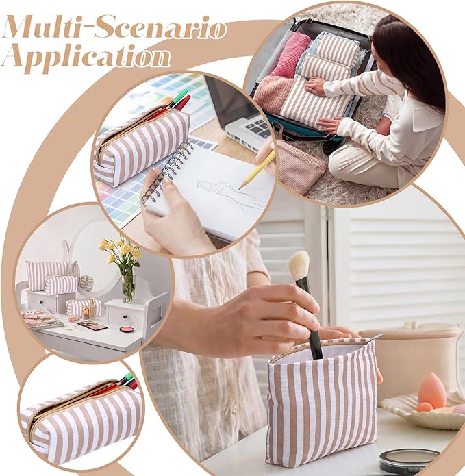 Huhumy 3 Pcs Makeup Bag Set Cute Cosmetic Pouch for Women Aesthetic Seersucker Travel Toiletry Bag Set Preppy Small Makeup Purse Pouch Wide Stripe Cosmetic Organizer Pencil Case with Zipper(Khaki)