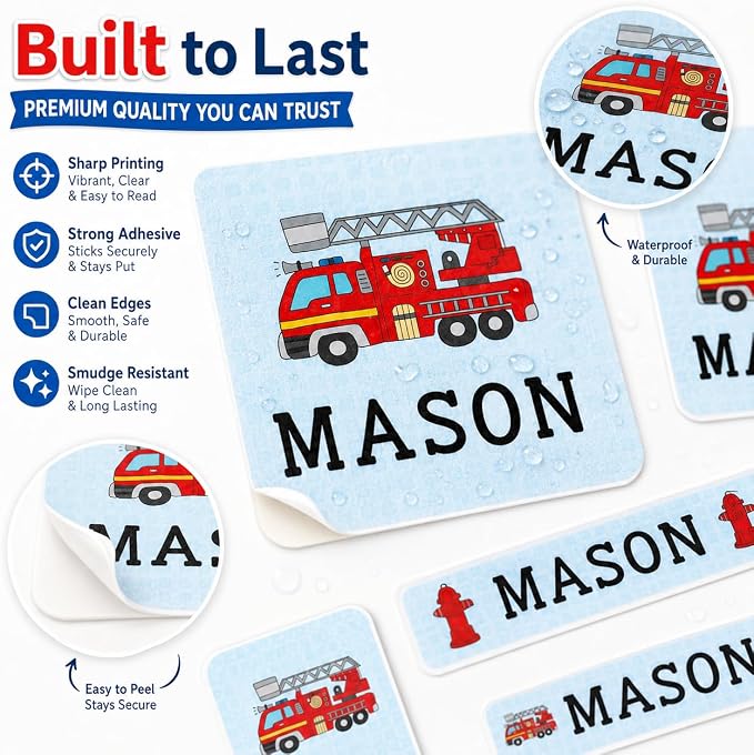 Andaz Press Custom Personalized Waterproof School Name Labels, Fire Truck, 120-Pack, Kids Labels Combo Pack, Customizable Multi-Use Name Stickers for Preschool, Daycare, Supplies, Office, Camping