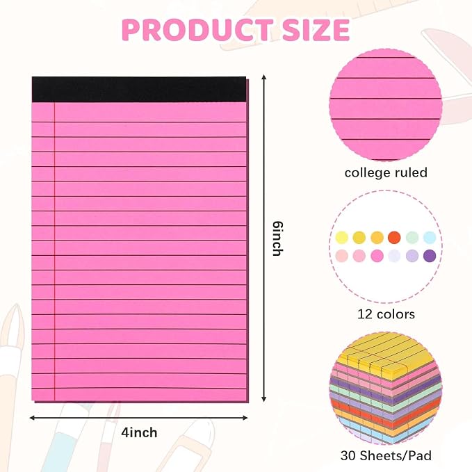 24 Pack Small Legal Pads 4x6, 12 Colors College Ruled 30 Sheets Each 80 Gsm