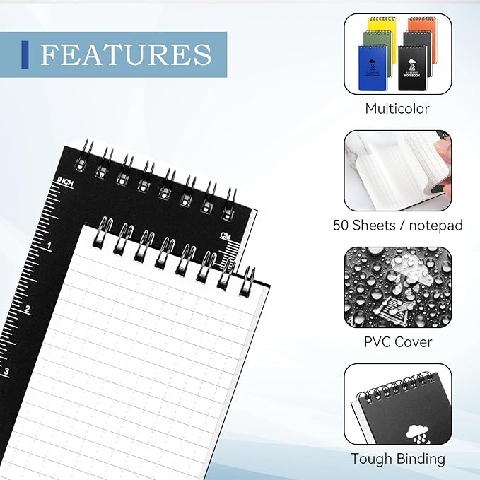 COIDEA 6 Pack Waterproof Notebook, 3 x 5 Pocket Notepad, Top-Spiral Weatherproof NotePad, All Weather Police Pocket Notebook Little Memo Steno Note Pads for Outdoor Office School Recording