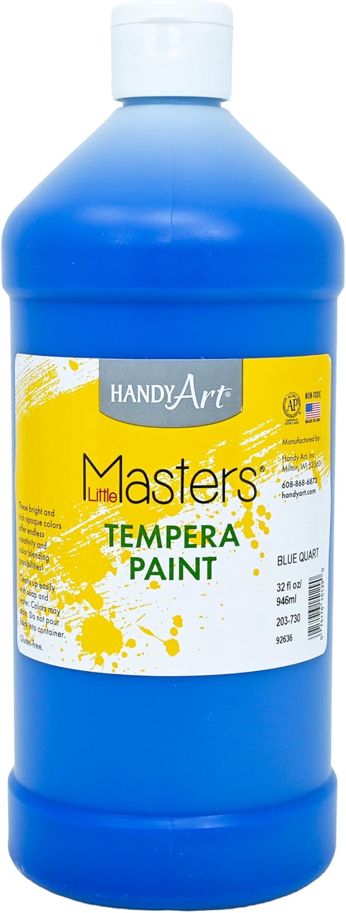 Handy Art Little Masters Tempera Paint, Blue, 32 oz Bottle, Bright & Mixable, High Opacity, Washable Colors for Classroom, Students, Kids, Young Artists, Safe & Non-Toxic, Made in USA