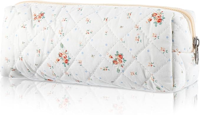 Flowers Pencil Case, Cute Pencil Case, Aesthetic Pencils Bag with Zipper, Soft Quilted Pencils Pouch Organizer, Wide Opening Makeup Bag for Office College