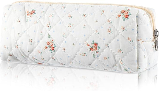 Flowers Pencil Case, Cute Pencil Case, Aesthetic Pencils Bag with Zipper, Soft Quilted Pencils Pouch Organizer, Wide Opening Makeup Bag for Office College