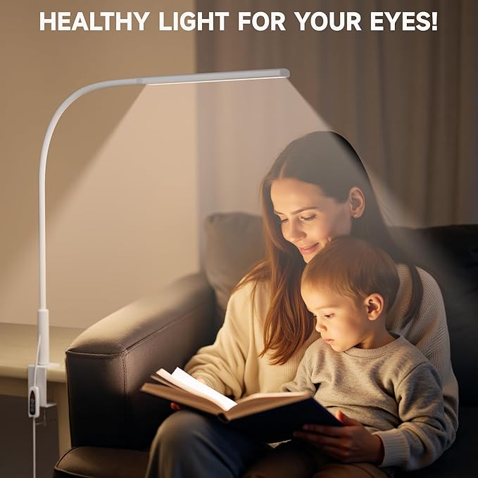 Desk Lamp with Clamp, Eye Caring Clip Light for Home Office, 3 Colors Stepless Dimming, Flexible Gooseneck Table Lamp with USB Adapter for Nail Reading Working Workbench Drawing Gaming (White Pro)