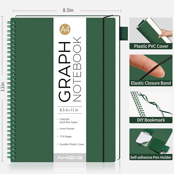 AHGXG Graph Paper Notebook - Spiral Notebook 8.5" x 11", A4 Large Graph Notebook, 100 gsm Thick Grid Paper, Waterproof Plastic Cover Journals for School Writing Engineering Math, Green