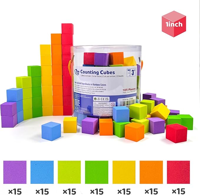Pairez Toys Foam Counting Blocks, 105 Pieces 1 Inch Soft Rainbow Math Counters Cubes, Math Manipulatives Preschool, Classroom Learning Supplies, Stacking Blocks for Kids Ages 3+