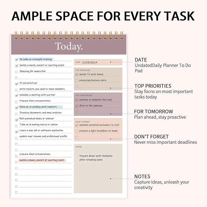 KMQOY To Do List Notepad - 3 Pack Daily Planner Pad Undated 52 Sheets Spiral Today Planner Note Pad Premium Thick Paper 6.5" x 9.8" For Work and Personal Organized(Brown)