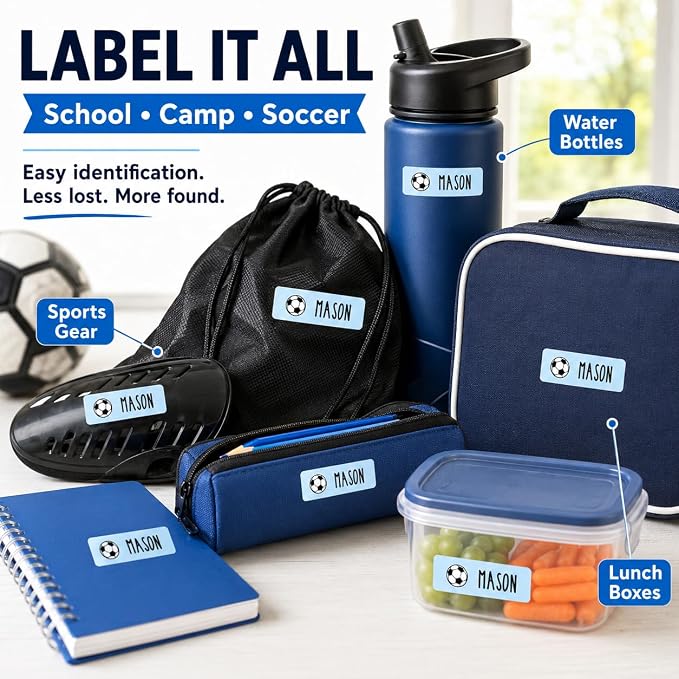 Andaz Press Custom Personalized Waterproof School Name Labels, Soccer, 120-Pack, Kids Labels Combo Pack, Customizable Multi-Use Name Stickers Personalized School Supplies Camp Label Daycare Stickers