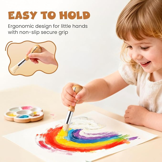 JUPITEARTH Jumbo Paint Brushes for Kids, Easy Grip Round and Sponge Toddler Paint Brushes with Natural Wood Handles for Washable Paint and Acrylic Paint, 6 Pcs