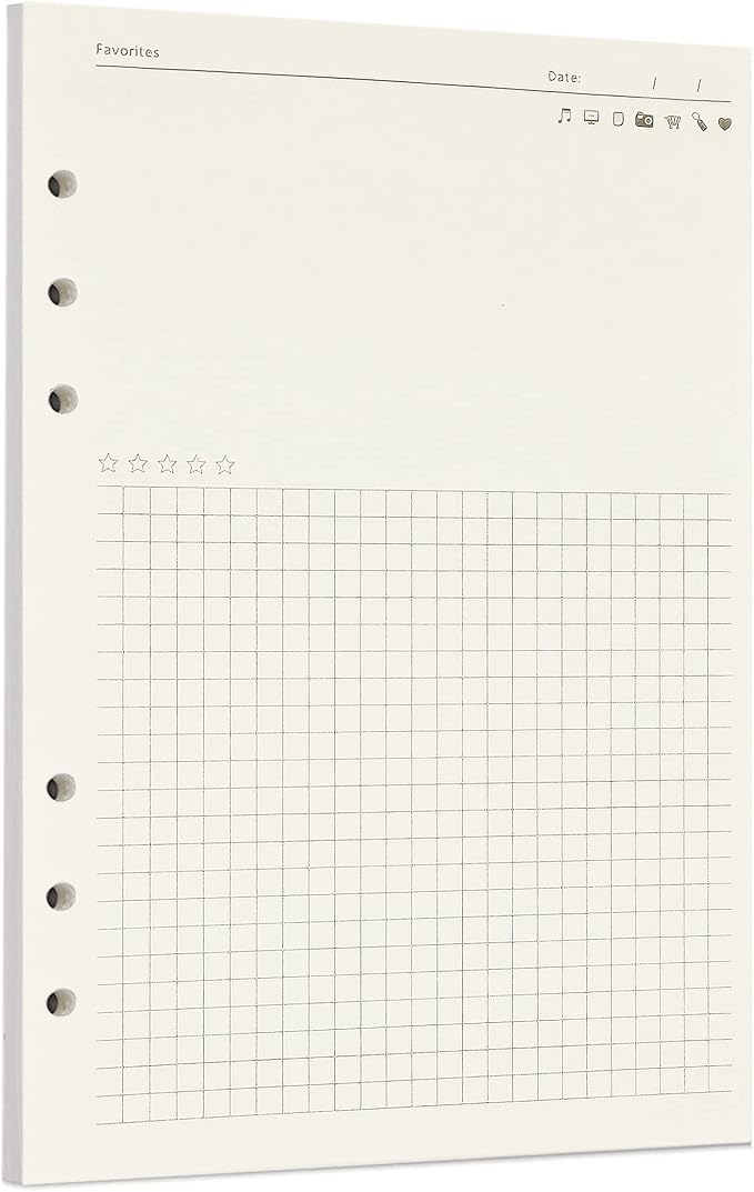 Zelten 1 Pack A5 45 Sheets/90 Pages FavoritesLoose Leaf Punched Paper Refills Paper for 6 Hole Binder Personal Organizer Diary Notebook Refillable Planner