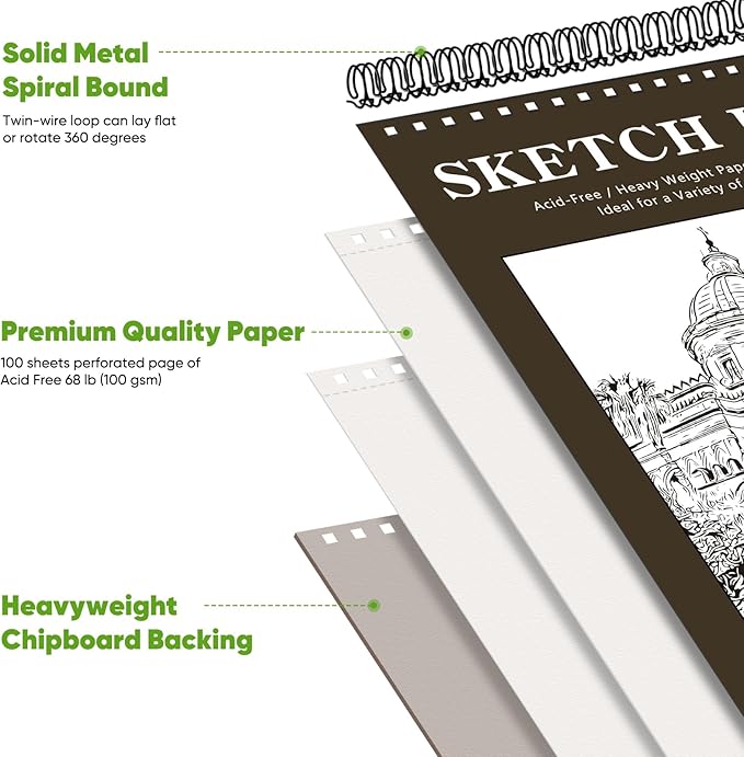 Soucolor 9" x 12" Sketch Book,Top Spiral Sketch Pad,100 Sheets 68lb Acid-Free Drawing Paper for Pencil Sketching Doodling, Art Supplies Journal for Kids Adults Artists