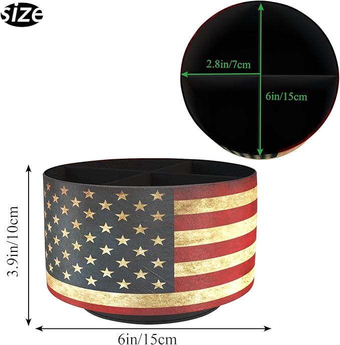 Round Leather Art Supply Organizer,Remote Control Holder,360 Degree Rotating,Multi-Functional Pencil Holder,4 Compartments Desktop Stationary Organizer(1-American Flag)