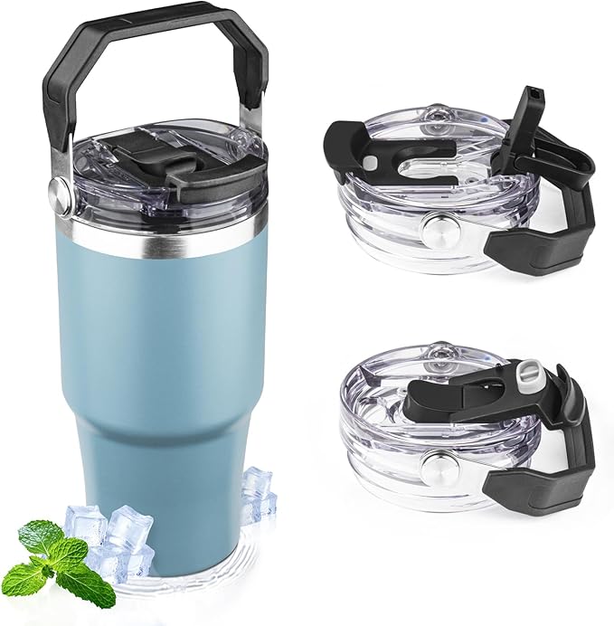 20oz Tumbler with Handle and Flip Straw Lid Double Wall Insulated Travel Coffee Mug Stainless Steel Vacuum Insulated Coffee Tumbler Cup for Hot and Cold Beverages,Leak-proof (20oz,Glacier blue)