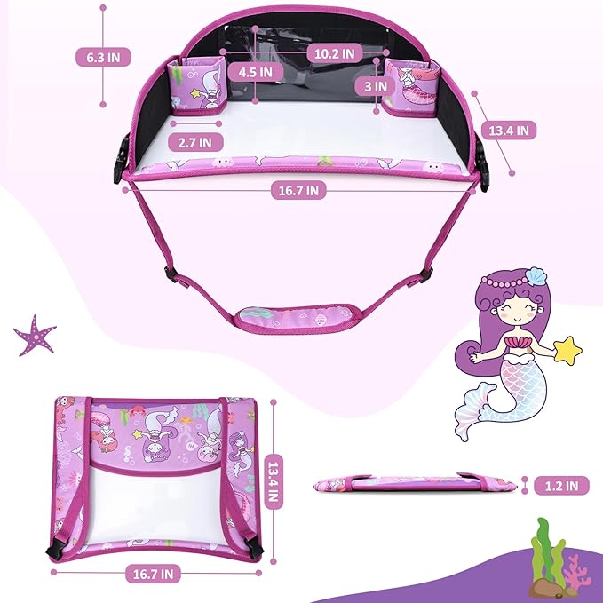 Kids Travel Tray for Toddler Carseat, Road Trip Activities Essentials, Kids Lap Desk Tray with Tablet Holder Stand and Dry Erase Board, Mermaid