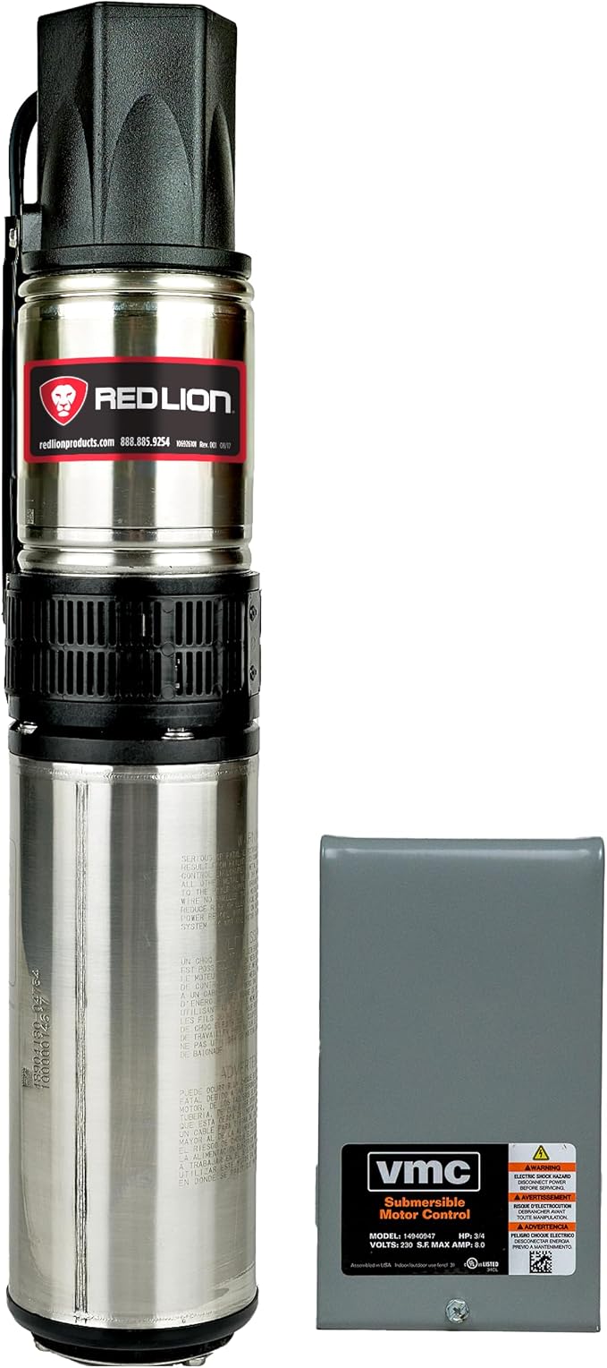 Red Lion RL12G05-3W2V Submersible Well Pump, 1/2 HP,3-Wire, 230V, 12 GPM | Control box included, Fits 4" wells, Dependable performance for depths to 120', Steel case/thermoplastic discharge, 14942405