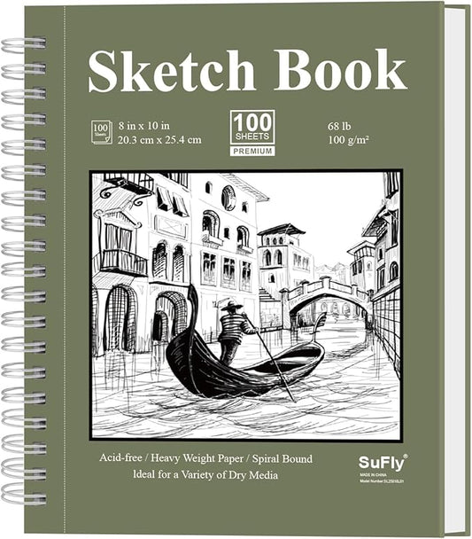 SuFly Spiral Bound Sketchbook 8x10, 100 Sheets Hardcover Sketch Books, 68lb/100gsm Sketch Paper, Sketch Pads for Drawing for Adults, Sketchbook for Art Class & School.