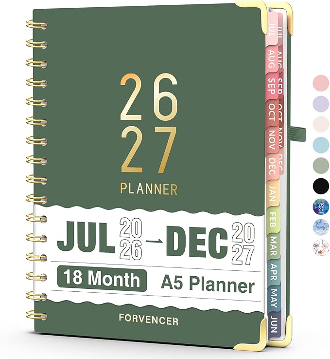 Jul 2026 - Dec 2027 Planner, Forvencer 18 Month Academic Planner 2026-2027, 6.3" x 8.4", Calendar Planner Weekly and Monthly, Daily Agenda Book, School Supplies for Student Teacher, A5, Dark Green