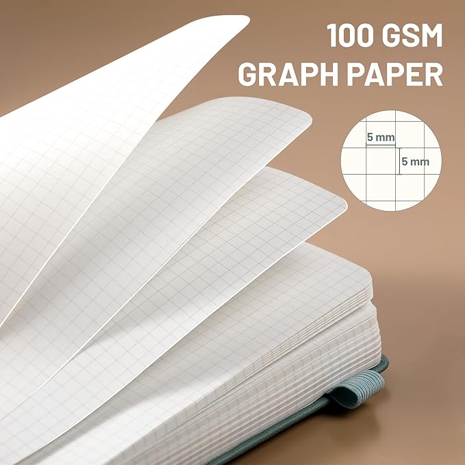 CAGIE Graph Notebook 320 Pages 100 GSM Paper Graphing Grid Journal B5 Hardcover Leather Quad Ruled Notebooks for Engineering, Math, Work, Green