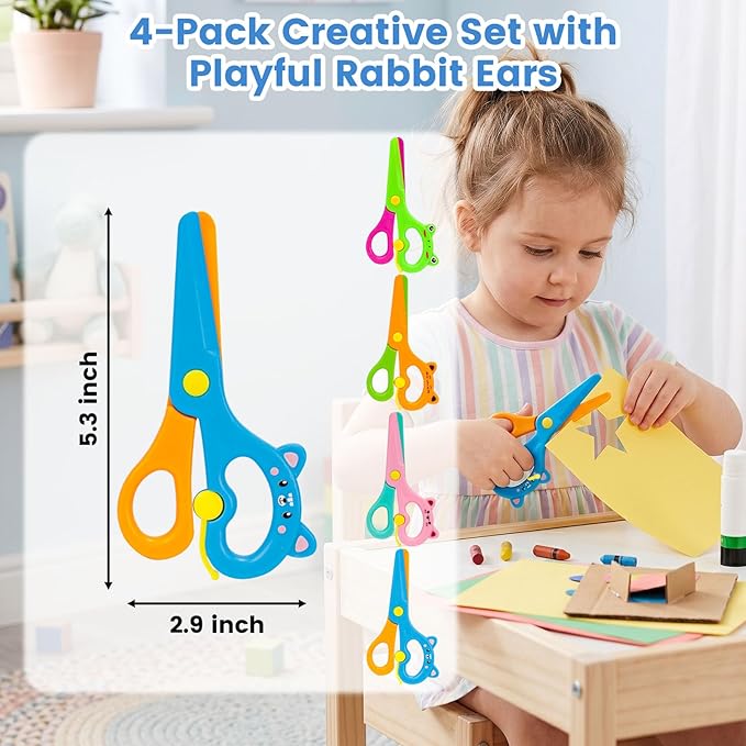 LovesTown Toddler Scissors, 4PCS Blunt Tip Adaptive Safety Scissor Stocking Stuffer for Kids & Children, Playdough Tools Cutting Skills Preschool Hand-Eye Coordination Activity, DIY Craft Supplies