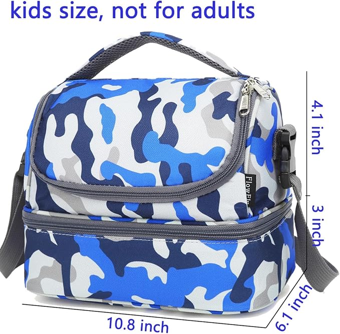 FlowFly Kids Double Decker Cooler Insulated Lunch Bag Large Tote for Boys, Girls, Men, Women, With Adjustable Strap, Blue Camo