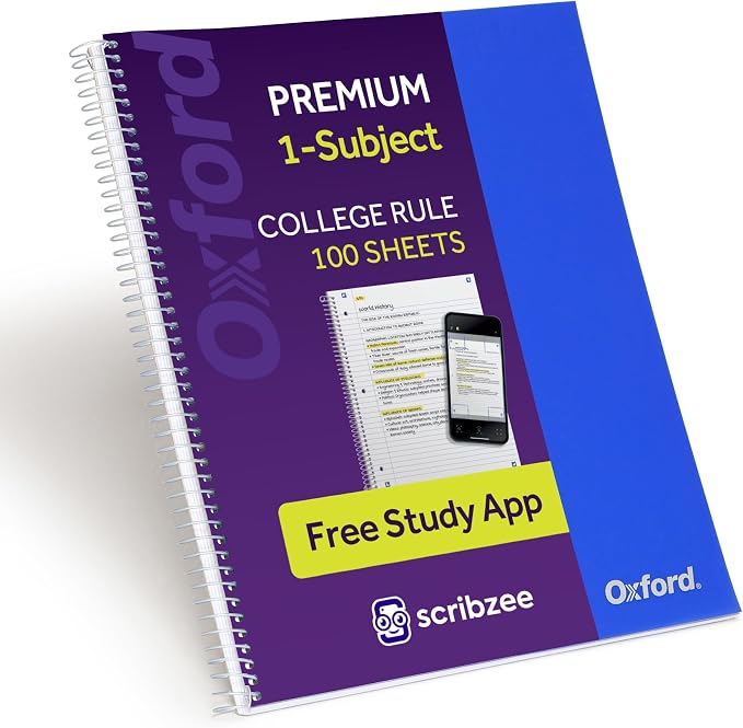 Oxford Spiral Notebook with Free Study App, 1 Subject, College Ruled, Ultra Smooth Paper, No Ink Bleed-Through, Strong Poly Blue Cover, Durable 2 Sided Pocket, 100 Easy Perforated 8.5" x 11" Sheets