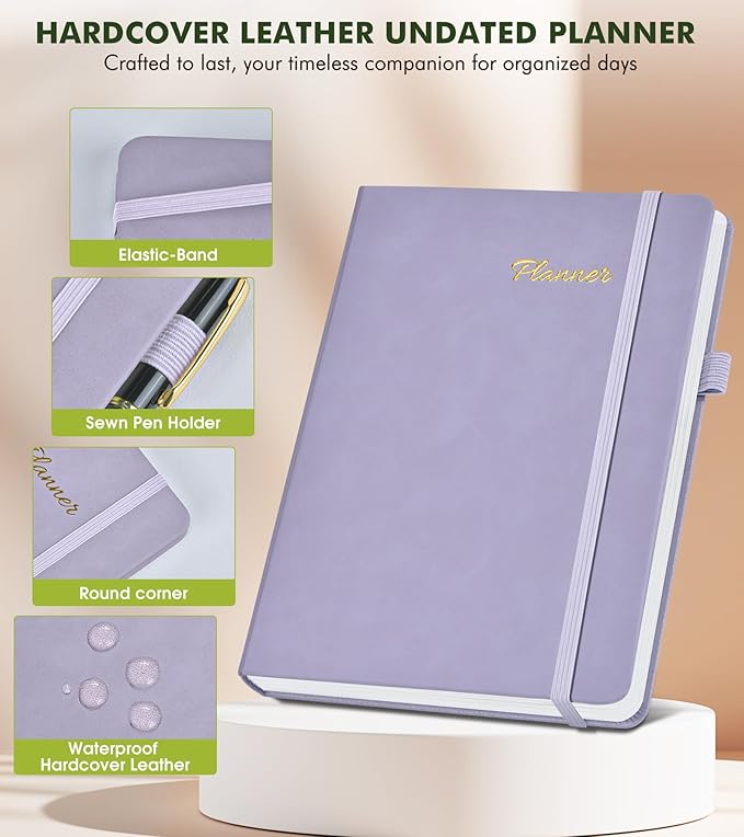 Undated Weekly and Monthly Planner, Hardcover Leather Calendar Blank Planner, Simplified To Do List Notebook with Goal & Habit Tracker Organizer, A5 Daily Weekly Planner for Work School Home, Purple
