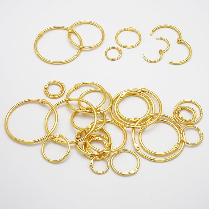 60 Pcs Binder Rings Assorted Sizes (1/2", 3/4", 1", 1-1/4", 1-1/2", 2"), Loose Leaf Binder Book Rings, Metal Index Card Rings Binder Clip Rings for Flash Cards, Key Rings, Index Cards (Gold)