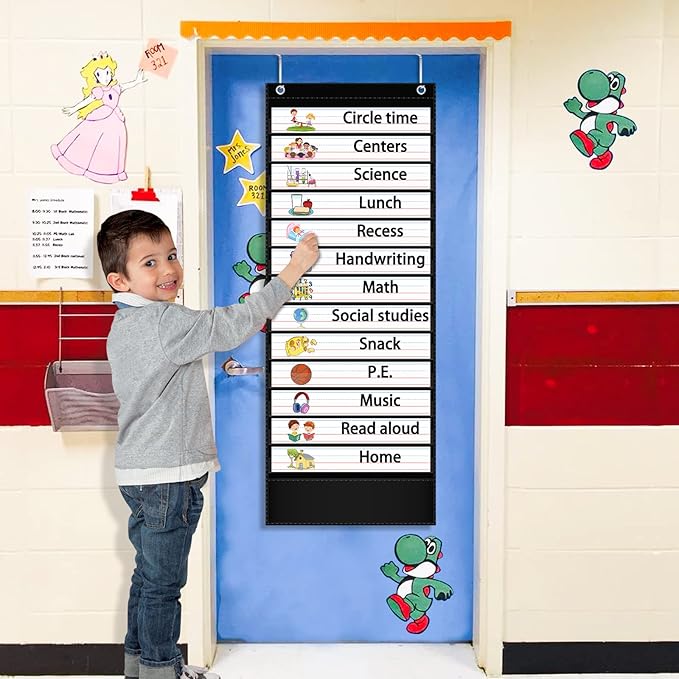 AKAYOK Daily Schedule Pocket Chart — 13+1 Pocket Visual Schedule for Kids, Includes 18 Double-Sided Blank Reusable Dry-Erase Cards, Daily Planner with Hourly Schedule for Classroom, Office, Home, School Activities (Black)