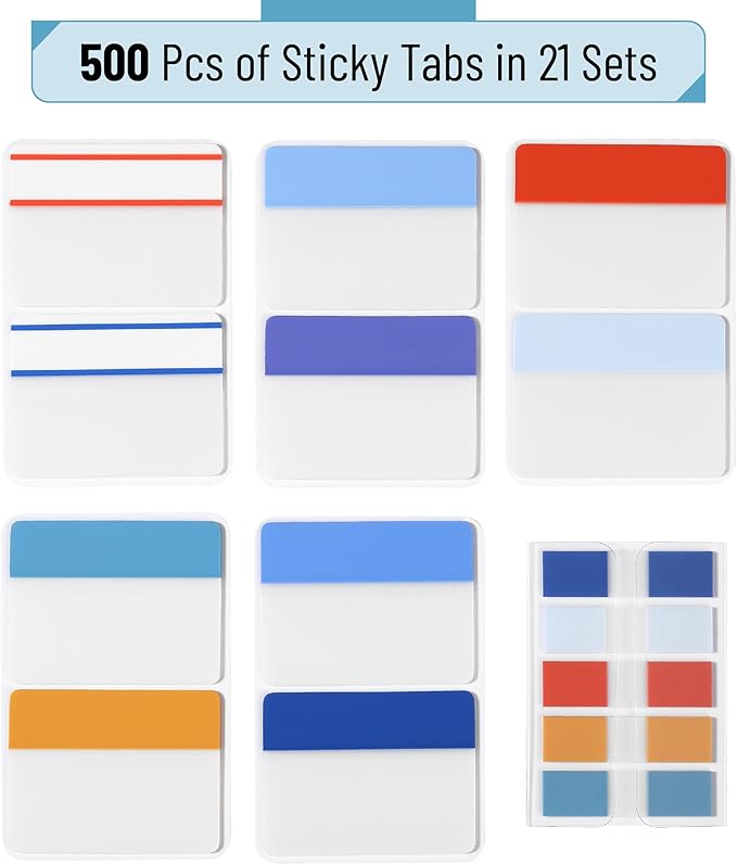 Mr. Pen- Sticky Index Tabs, 500 Pcs, 21 Sets, Colorful, Writable Colored Pages Markers Labels for Reading Notes, Books, Binders, Notebook, Folders and Classify Files, Water-Resistant